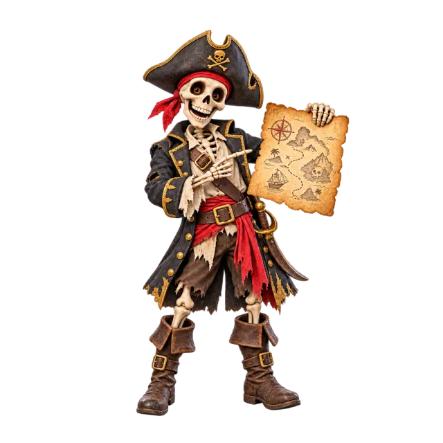 Skeleton pirate wearing a dark hat and tattered coat while holding a parchment map