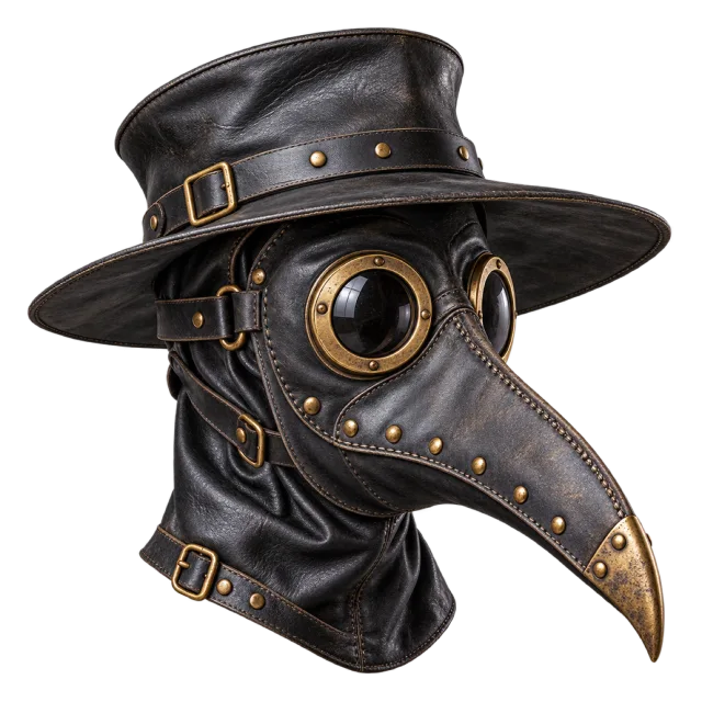 Black beaked mask with round dark lenses, metal studs and a wide-brimmed hat