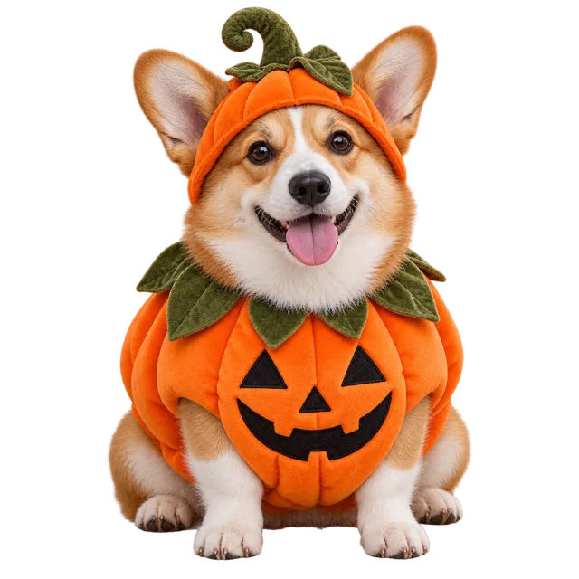 Smiling corgi wearing an orange jack-o-lantern outfit and matching pumpkin cap