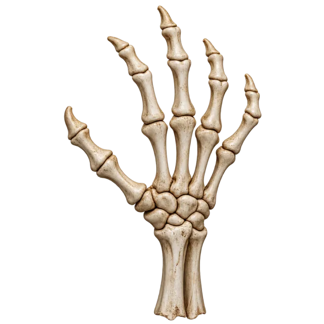 Upright ivory-colored skeleton hand with spread fingers and visible wrist bones