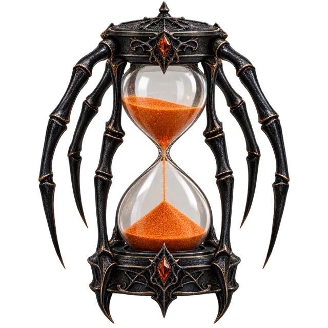 Hourglass filled with orange sand inside a dark frame shaped like long spider legs