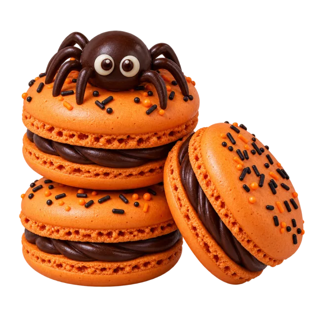 Stack of orange macarons with dark sprinkles and a cute chocolate spider on top