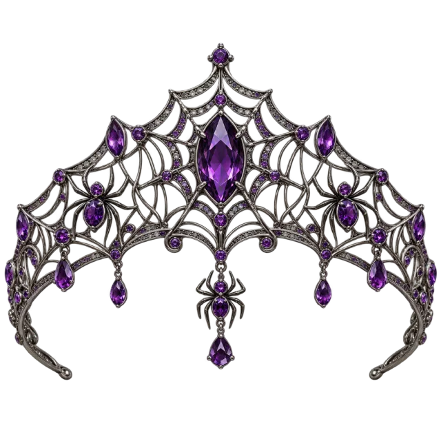 Dark spiderweb-shaped tiara decorated with purple gems and hanging crystal-like drops