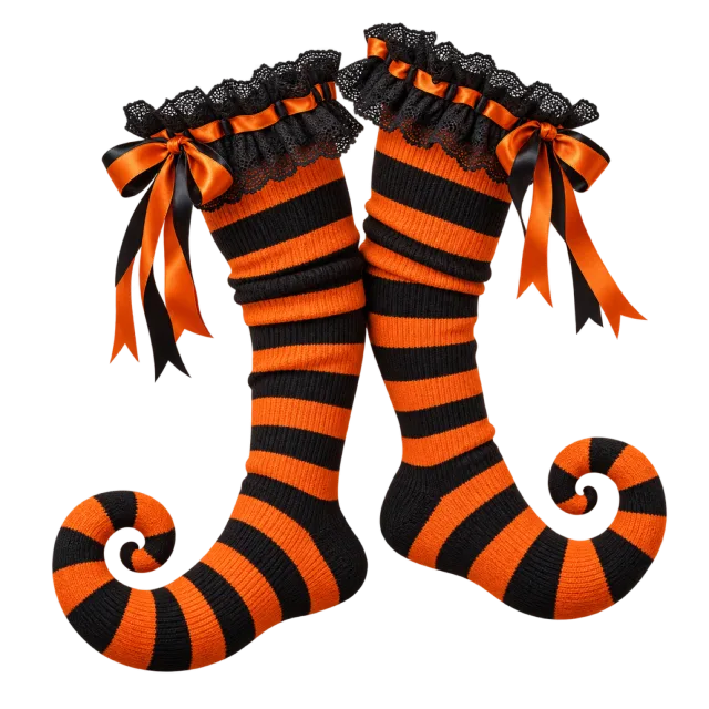 Pair of orange and black striped stockings with curled toes, lace trim and ribbon bows