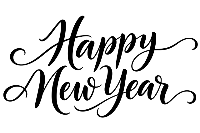 Happy New Year in decorative black calligraphy on a transparent background
