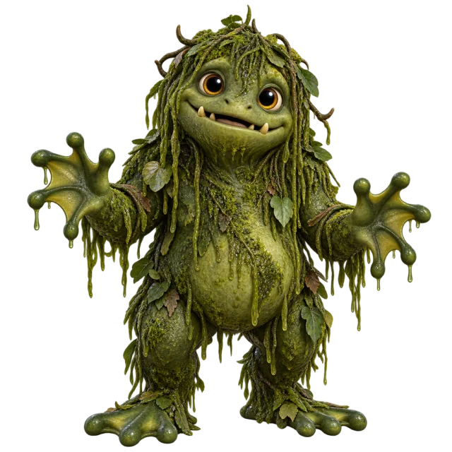 Green creature with mossy hair, dangling vines and long outstretched fingers