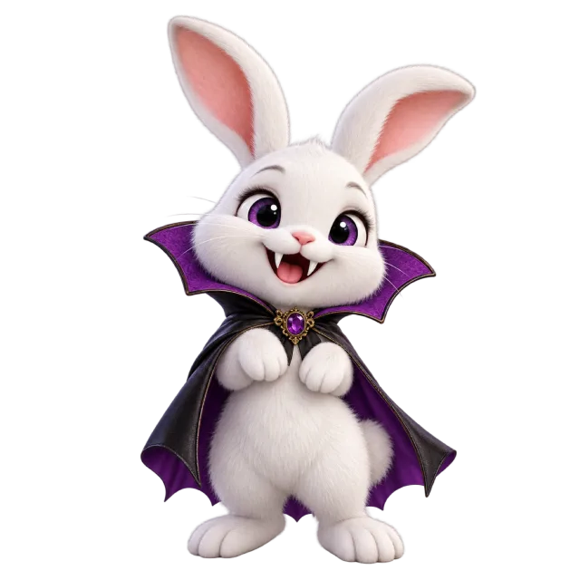 Smiling white rabbit with long pink ears wearing a black and purple vampire cape