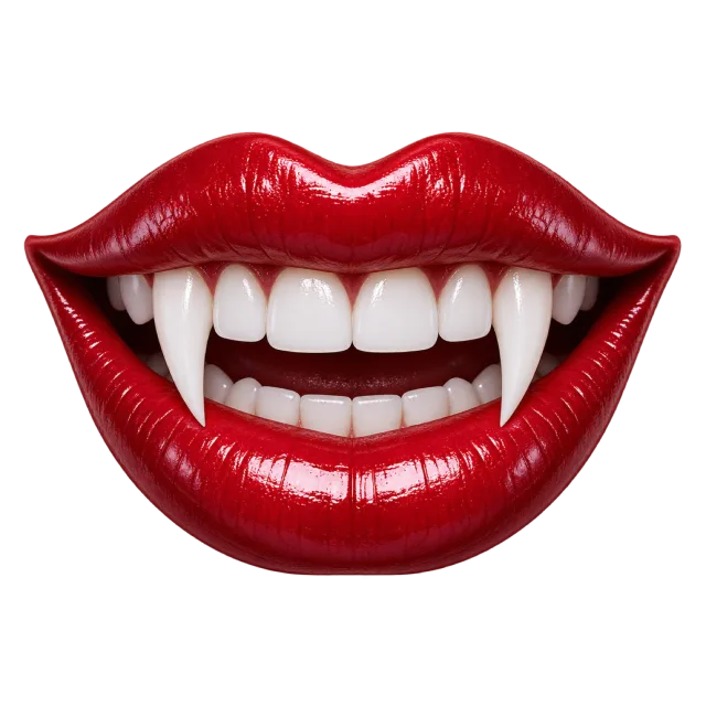 Glossy red smiling lips showing white teeth and two long pointed fangs