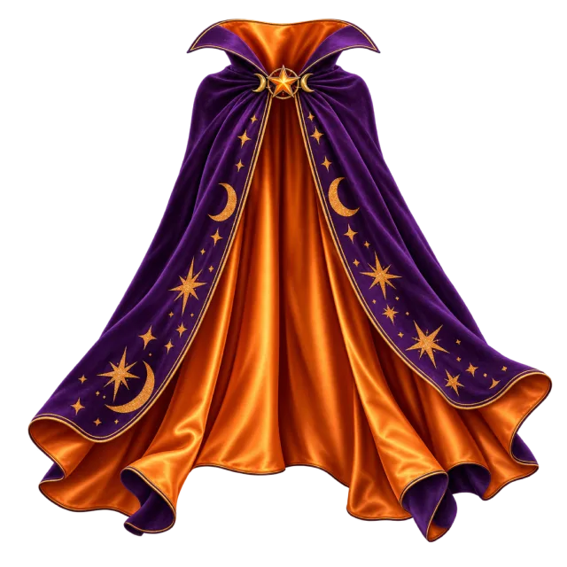 Flowing purple cape with golden stars and moons, bright orange lining and a high collar