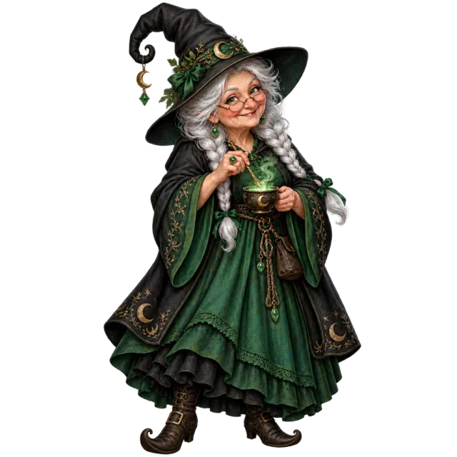 Smiling elderly witch with gray braids, a pointed black hat and layered green clothing