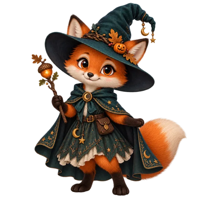 Orange fox wearing a pointed witch hat and dark cape while holding a leafy wand