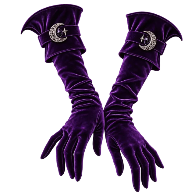 Long purple gloves with pointed fingers, bat-wing cuffs and silver crescent details