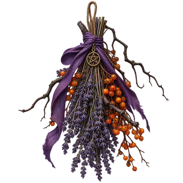 Bundle of dried herbs, bare twigs and orange berries tied with purple ribbon and a small charm