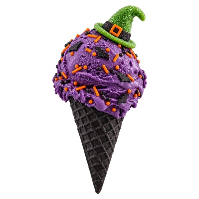 Purple ice cream with orange and dark sprinkles topped by a tiny green witch hat in a black cone