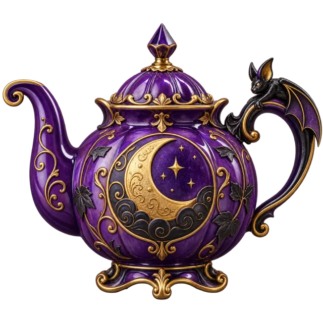 Ornate purple teapot with gold stars and crescent moons and a bat-shaped handle
