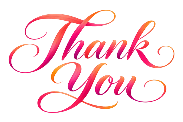 Thank You calligraphy in coral pink blending into magenta and warm orange on a transparent background