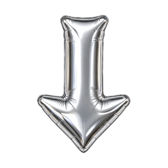Inflated silver foil-style arrow pointing straight down