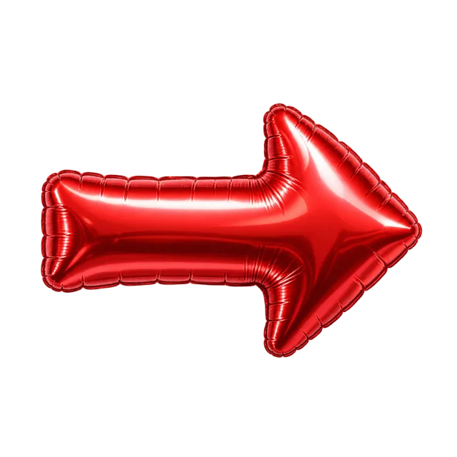 Glossy red foil-style balloon arrow pointing right