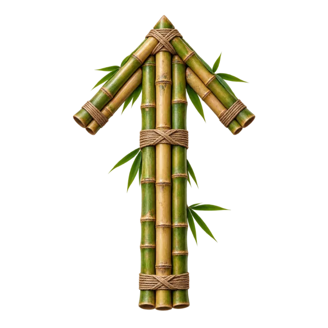 Upward arrow made from bamboo stalks tied with rope and accented with green leaves