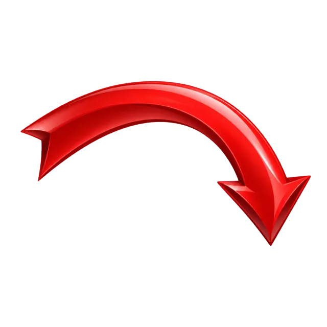 Broad glossy red arrow arching over and ending in a downward tip on the right