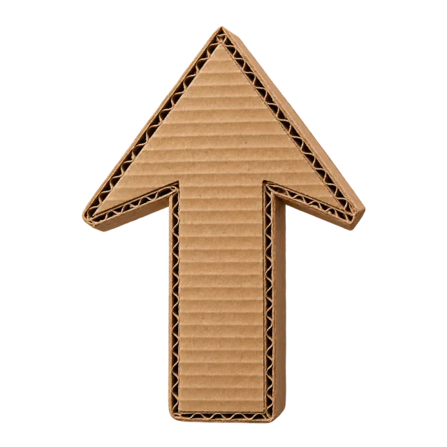 Brown upward arrow with a ribbed cardboard surface and visible corrugated edges
