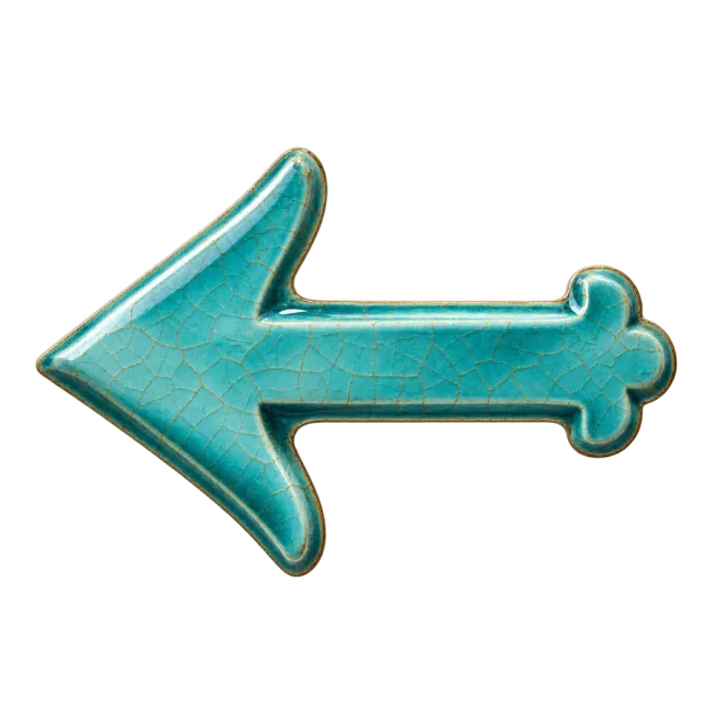 Turquoise ceramic-style arrow pointing left with a rounded decorative tail