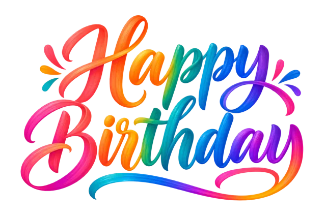 Happy Birthday calligraphy in vivid rainbow transitions through coral, orange, teal, blue and violet on a transparent background