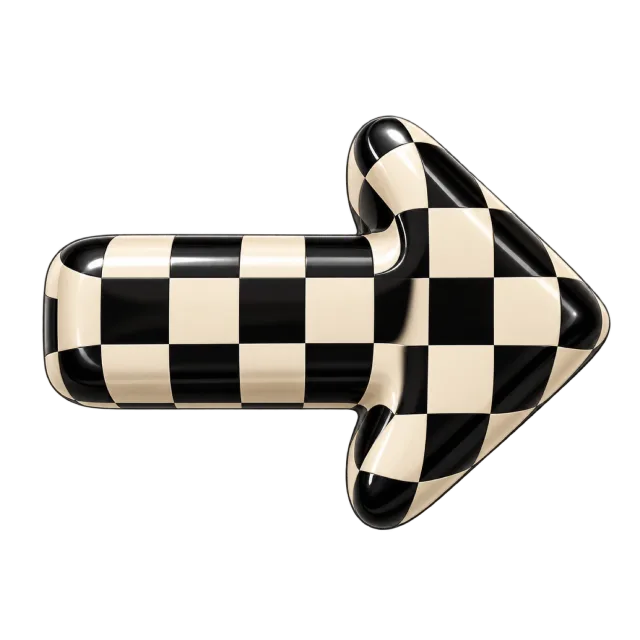 Rounded right-pointing arrow covered in black and cream checkerboard squares