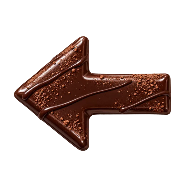 Brown chocolate-style arrow pointing left with embossed borders and tiny surface speckles