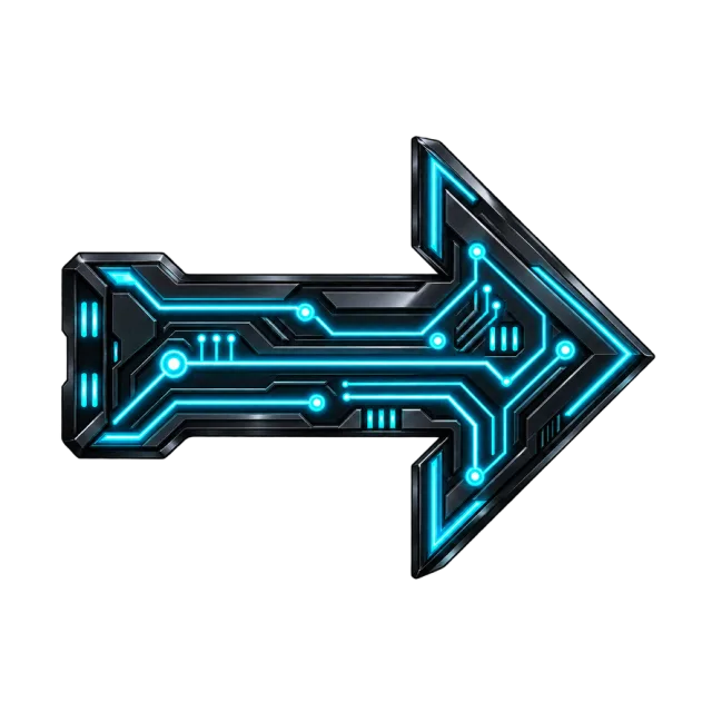 Dark right-pointing arrow filled with glowing cyan circuit lines and nodes
