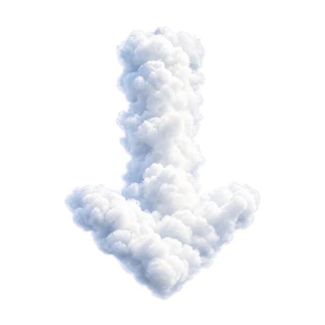 Downward arrow formed from billowing white clouds with pale blue shadows
