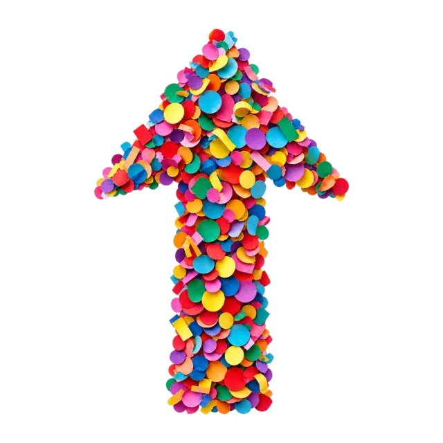Upward arrow covered in overlapping brightly colored round confetti pieces