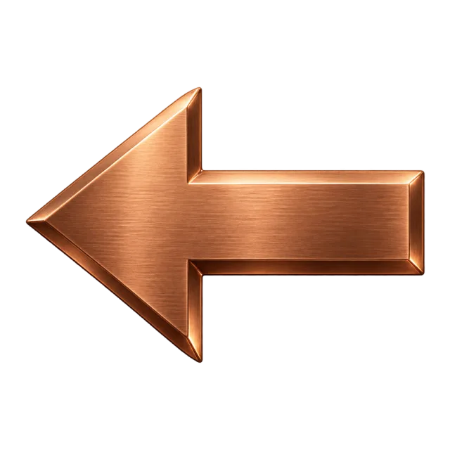 Left-pointing copper-colored arrow with a brushed metallic surface and beveled edges