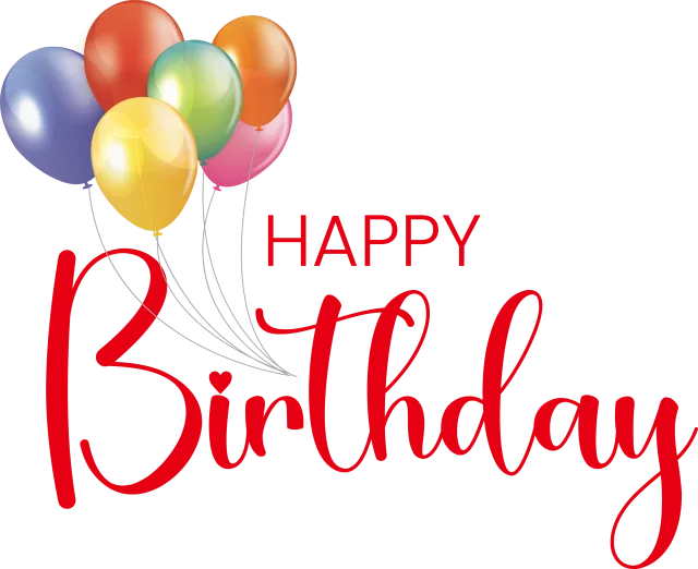 Red happy birthday script beside a bunch of glossy colorful balloons on a transparent background