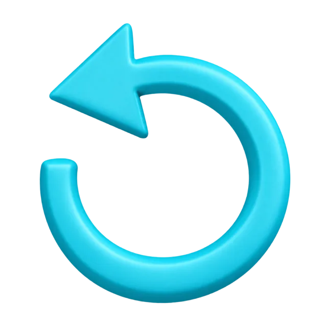 Glossy turquoise circular arrow curving counterclockwise toward an upper-left tip