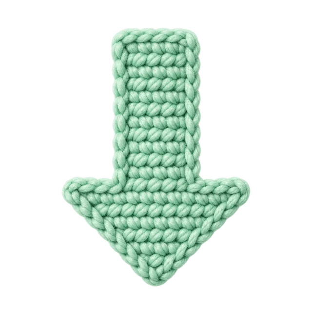 Mint green downward arrow with chunky yarn stitches and a soft crochet texture