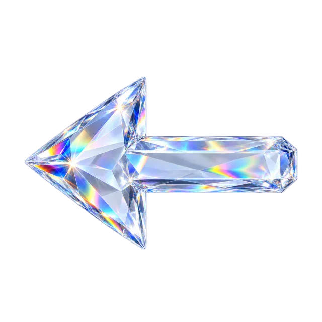 Clear crystal-style arrow pointing left with angular rainbow-reflecting facets