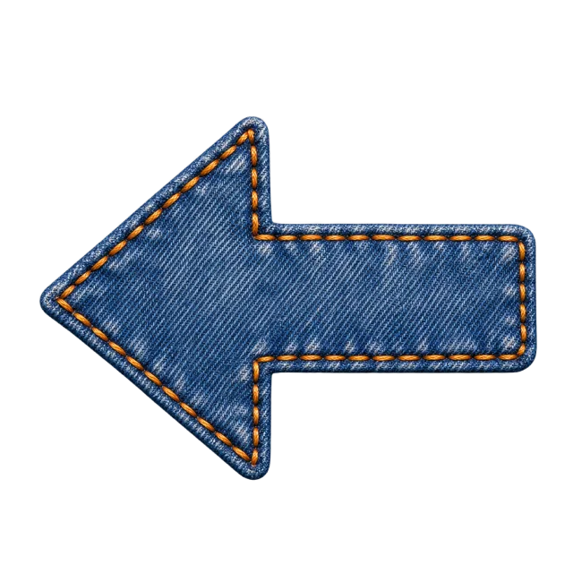 Left-pointing blue denim patch with a stitched golden border