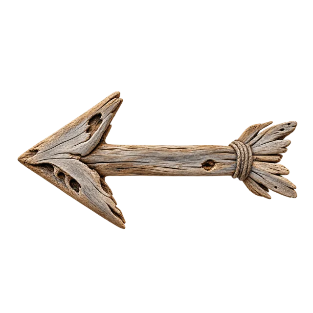 Weathered wooden arrow pointing left with rope binding near its split tail