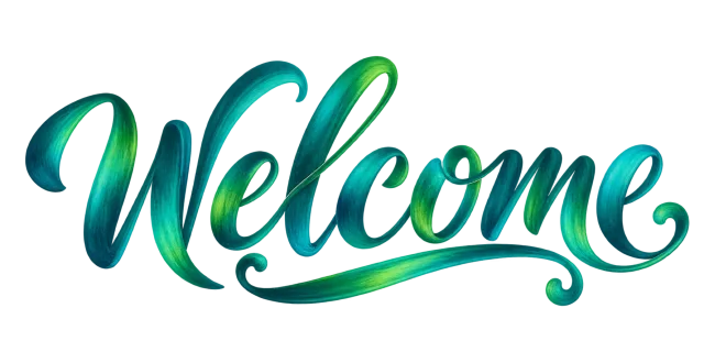 Welcome calligraphy in jewel teal blending into emerald green and turquoise on a transparent background