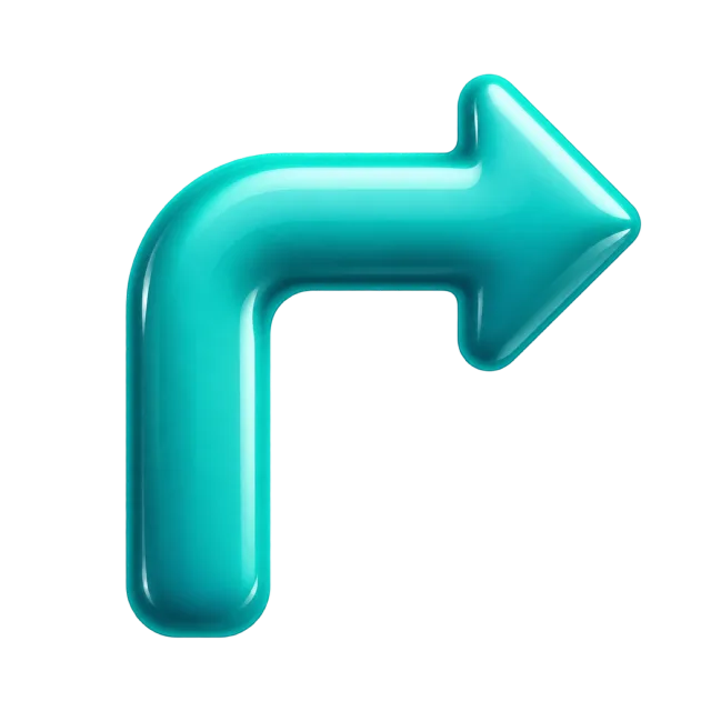 Rounded teal arrow rising from a vertical stem and turning right