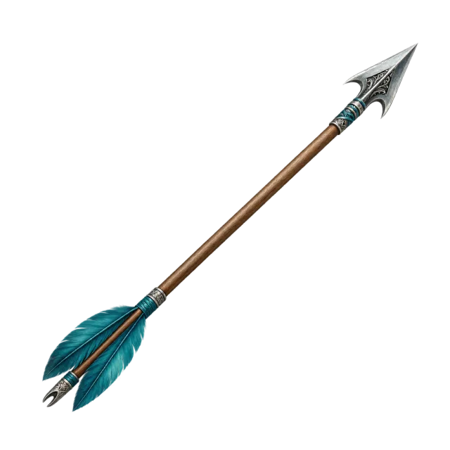 Long wooden shaft with teal feathers and an ornate metal arrowhead pointing upper right