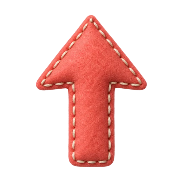 Red felt-style upward arrow with pale stitched edging