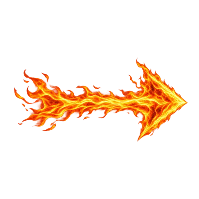 Right-pointing arrow formed from flowing orange and yellow flames