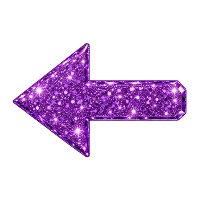 Left-pointing purple arrow densely covered in sparkling glitter