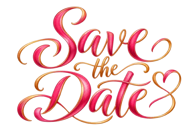 Save the Date calligraphy in rich rose pink with warm copper-gold accents on a transparent background
