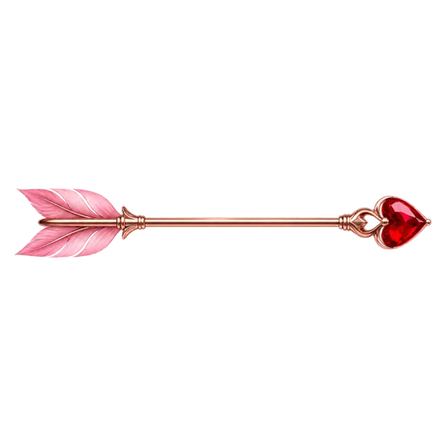 Slim horizontal arrow with pink feathers and a red heart-shaped tip pointing right