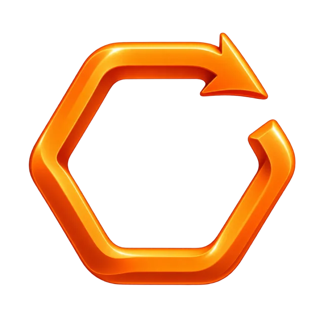 Glossy orange arrow following an open hexagonal loop clockwise