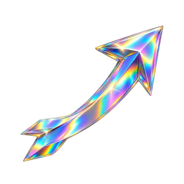 Curved upward-right arrow with vivid iridescent rainbow reflections