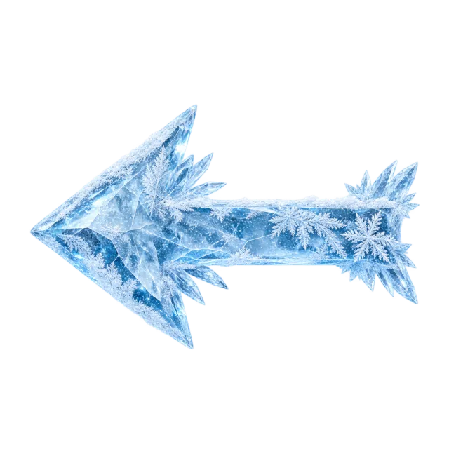 Pale blue left-pointing arrow decorated with sharp frosty crystal branches